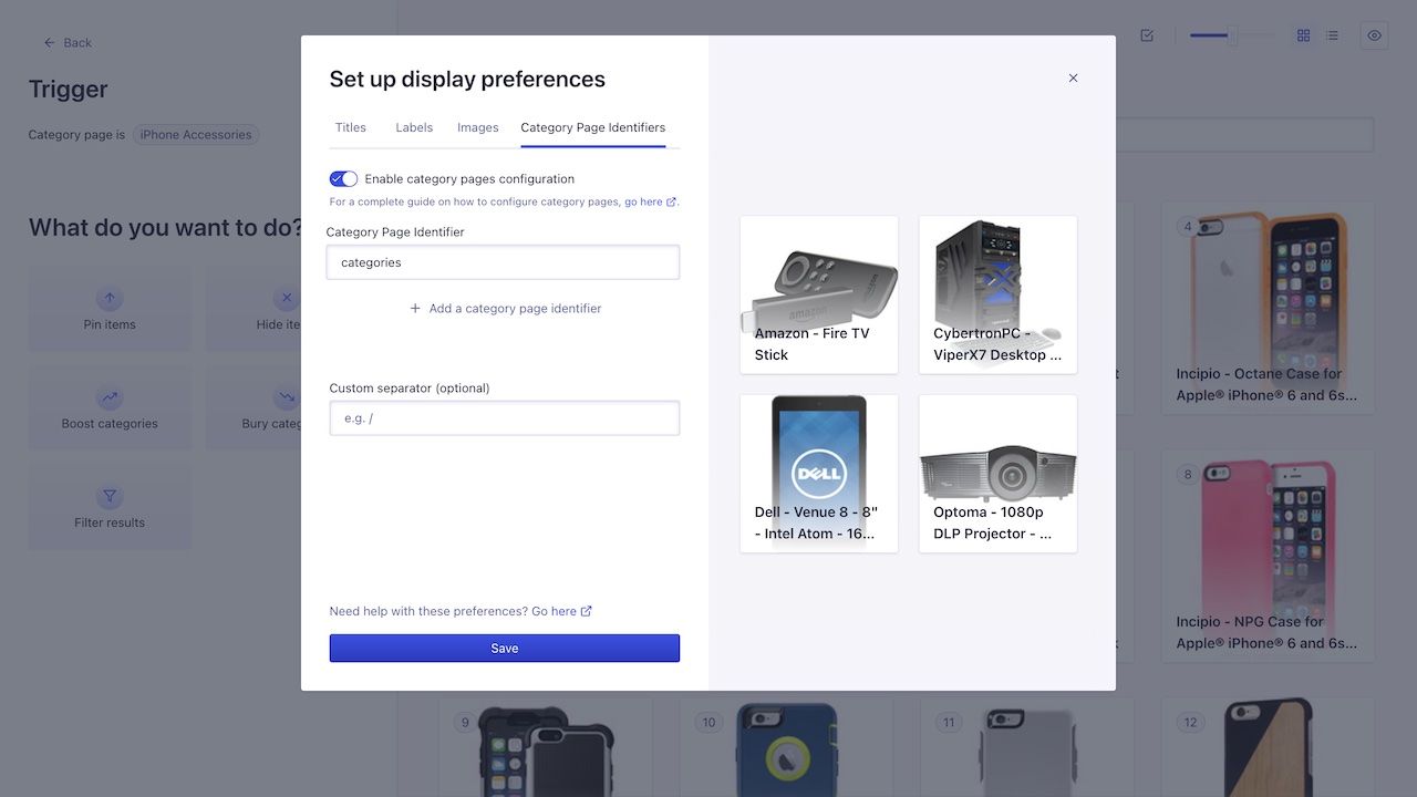 Screenshot of Algolia Visual Editor Category Page Identifier Display Preference