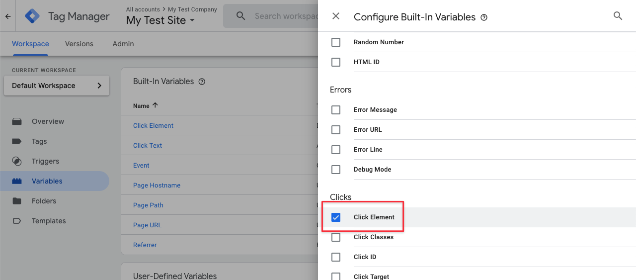 Configure variable click element in GTM - step 2