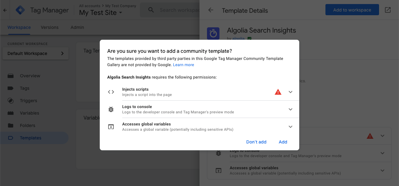 Add the Algolia Search Insights template in your Workspace