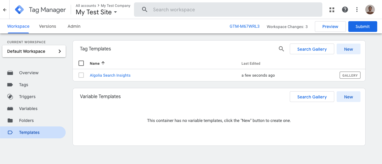 Algolia Search Insights template added in your Workspace