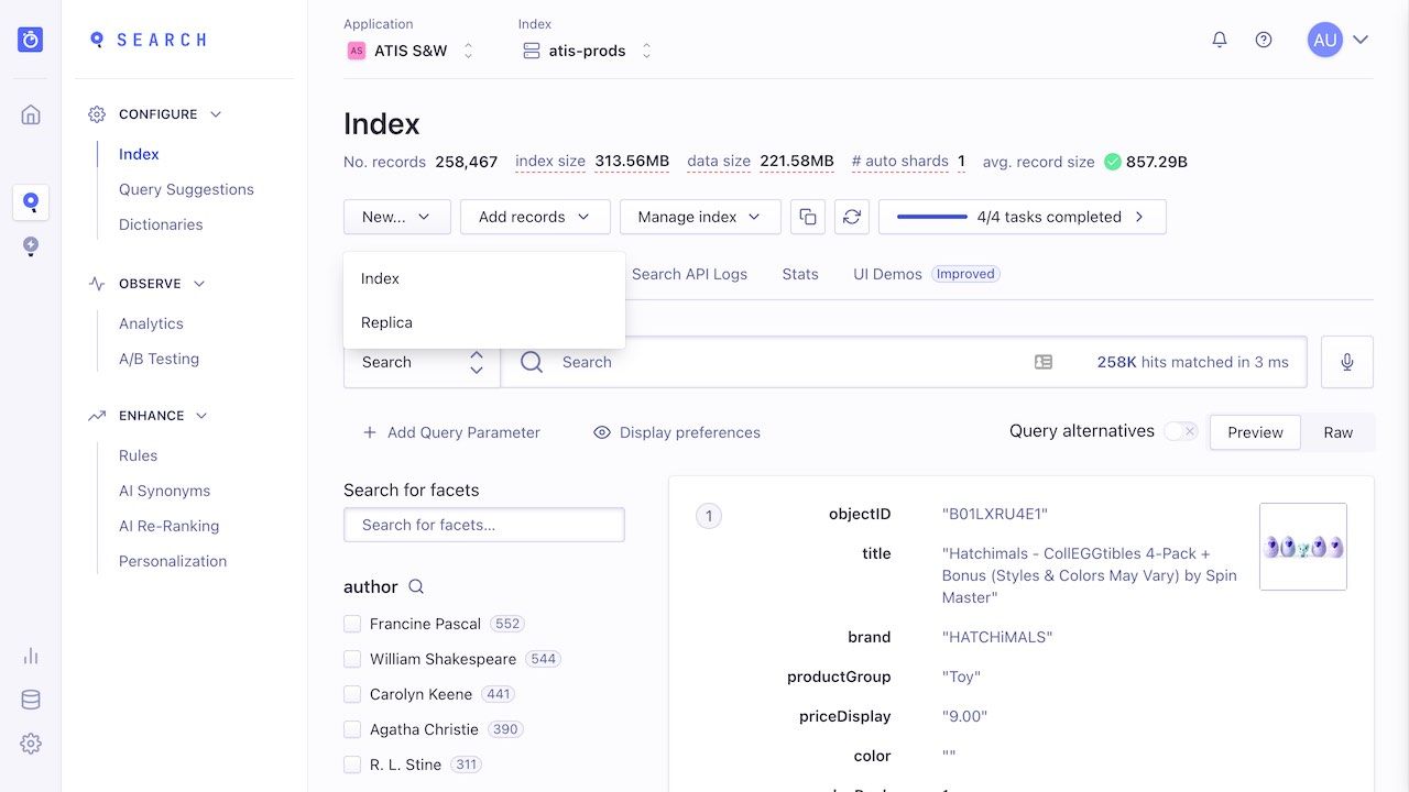 Create index from dashboard