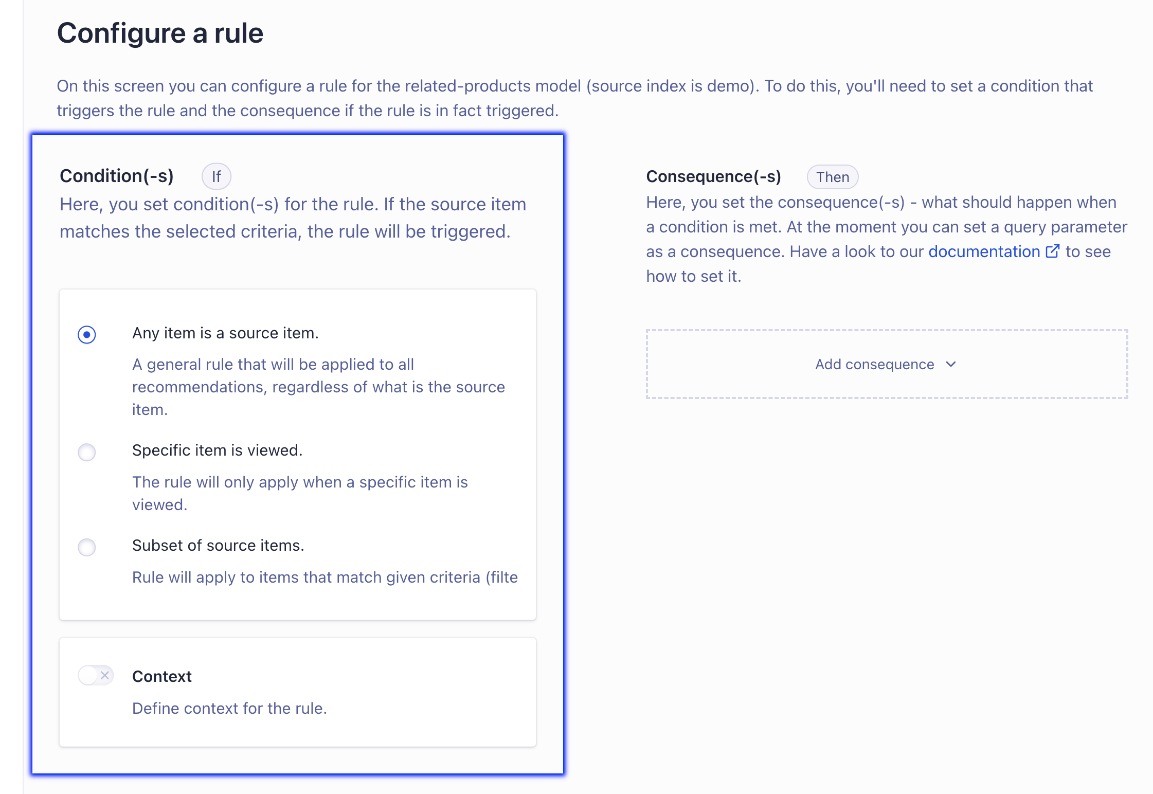 Specify the conditions when a Recommend Rule applies