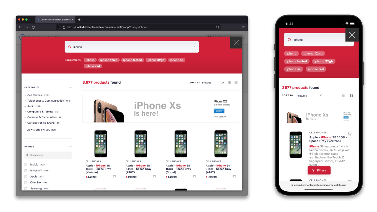The Unified InstantSearch apps on a desktop and mobile screen showing search results for iphone