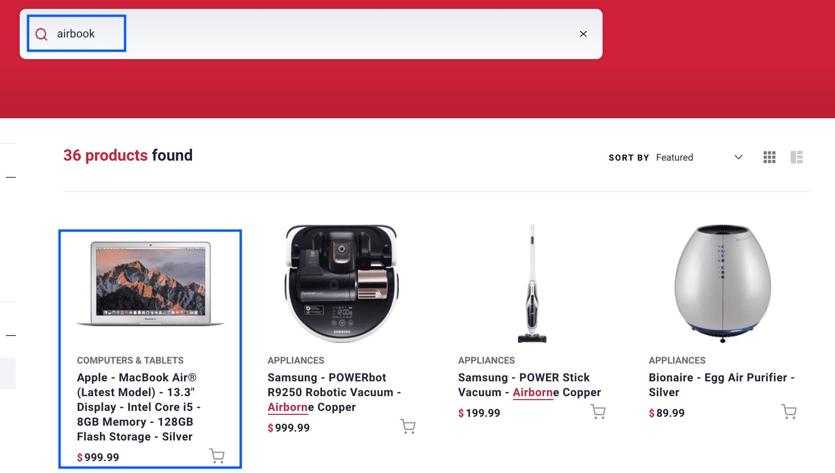 Screenshot of the Unified InstantSearch interface with promoted item
