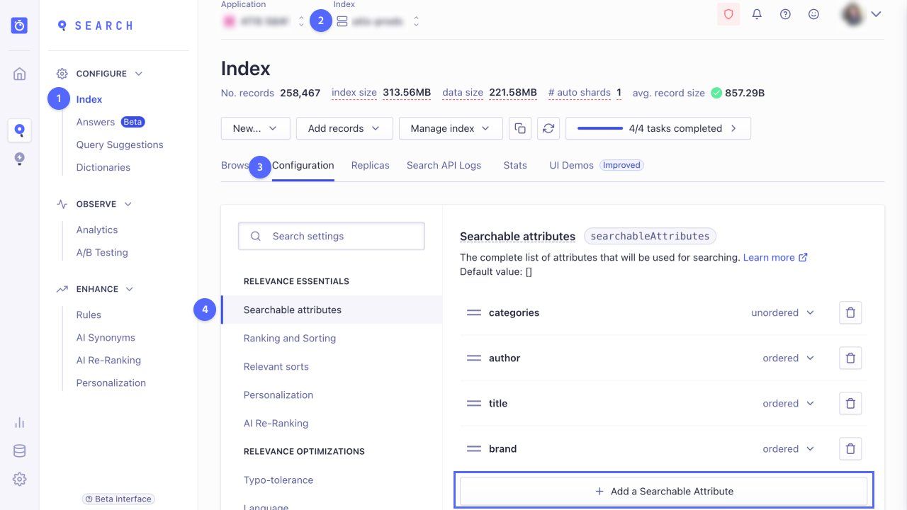 The index configuration section in the Algolia dashboard