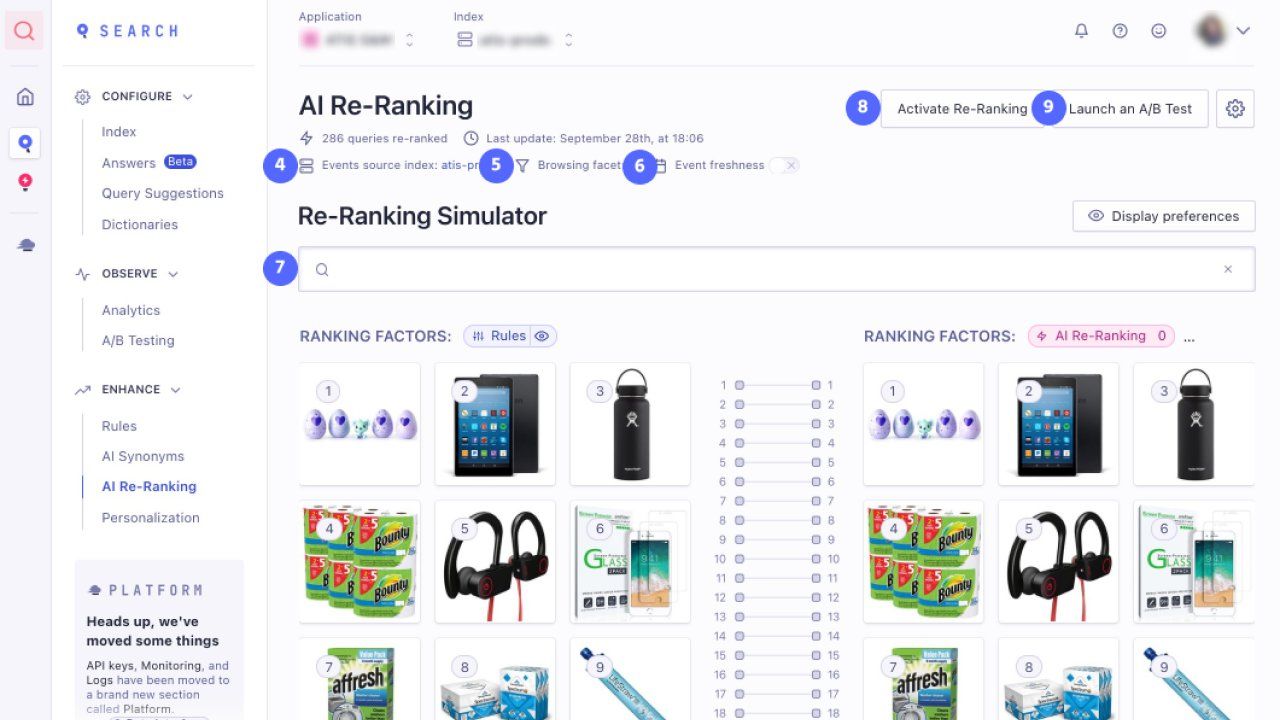 Screenshot of the settings for AI re-ranking in the Algolia dashboard