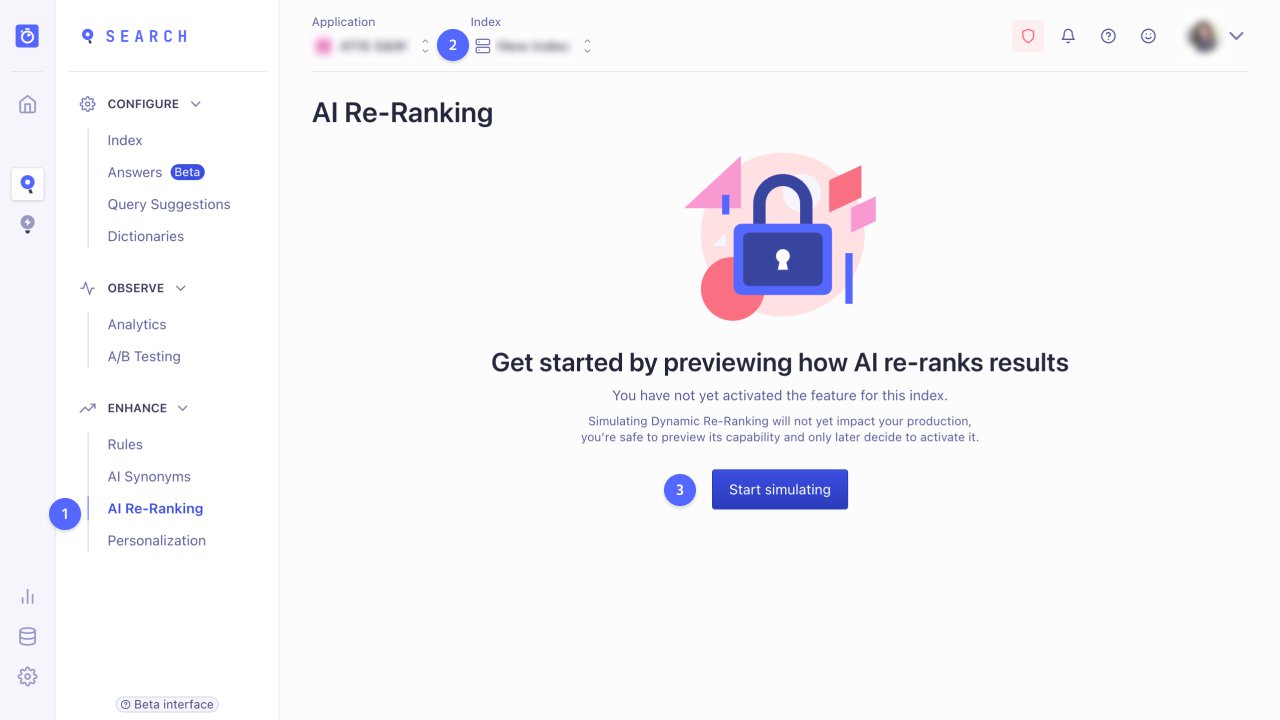 Screenshot of the AI re-ranking section in the Algolia dashboard before starting the re-ranking simulator