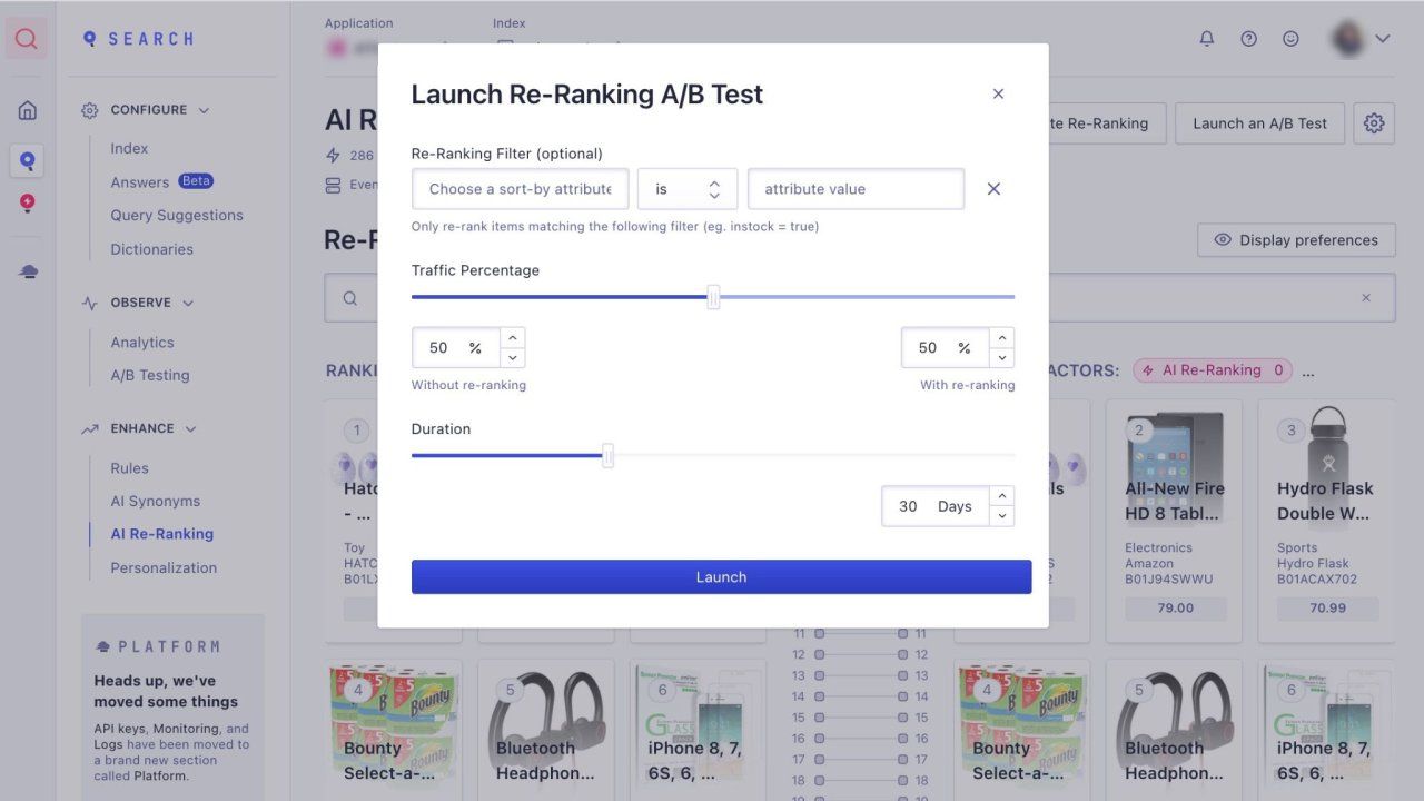Screenshot of the Launch re-ranking A/B test dialog in the Algolia dashboard