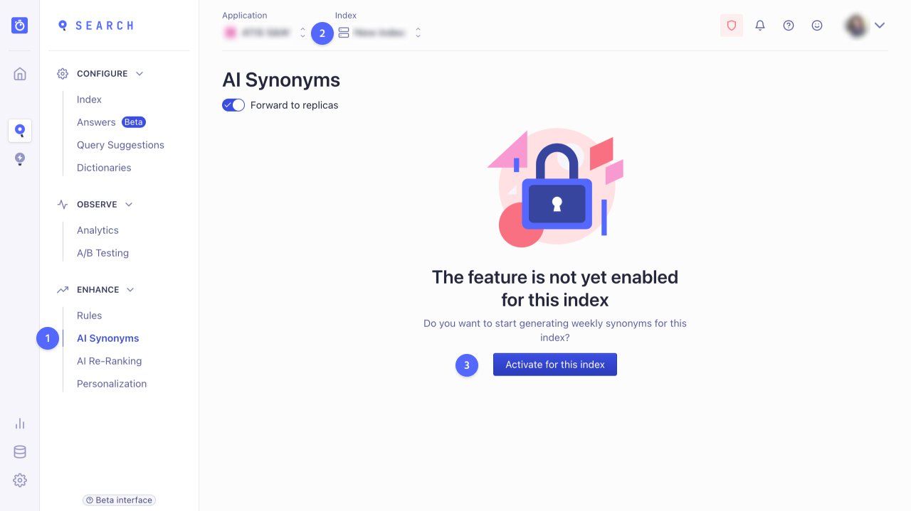 Screenshot of the AI synonym section in the Algolia dashboard
