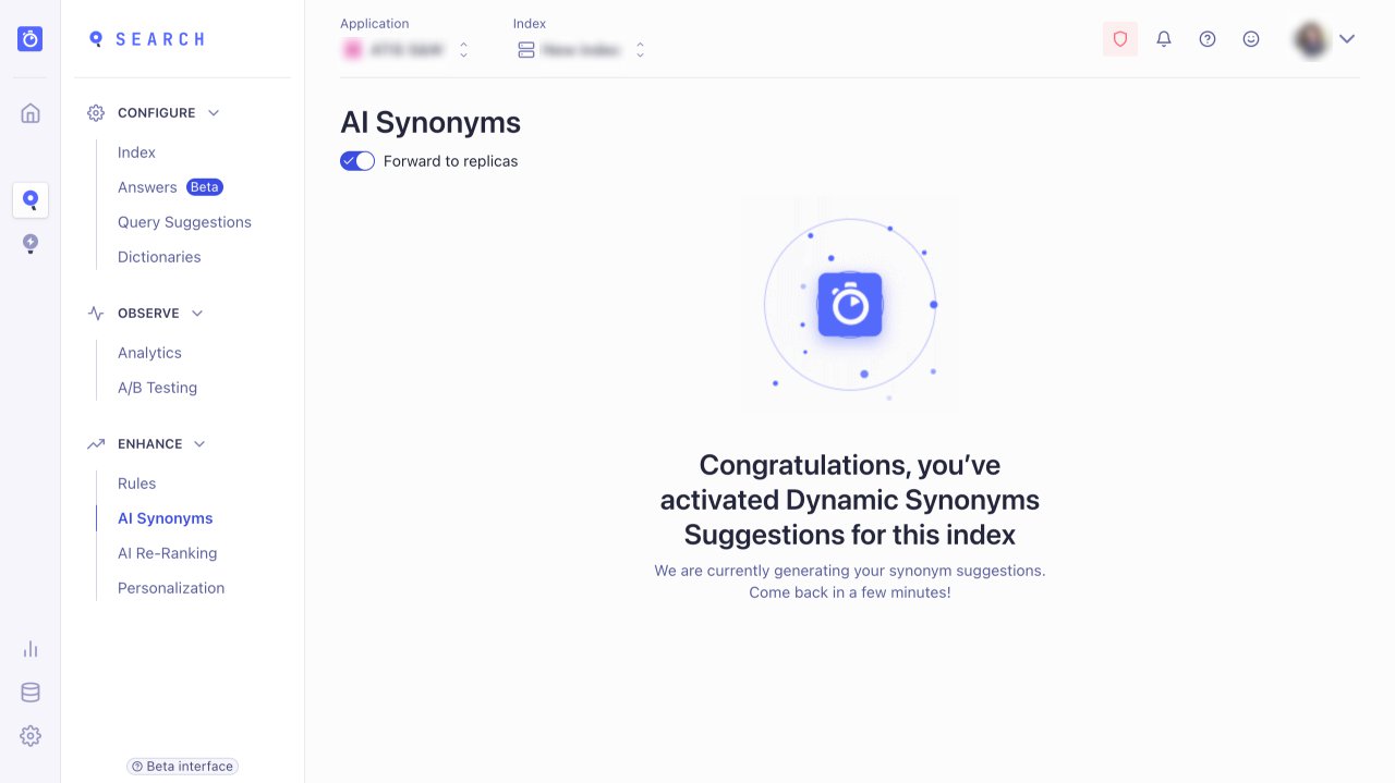 Screenshot of the active AI synonym section in the Algolia dashboard