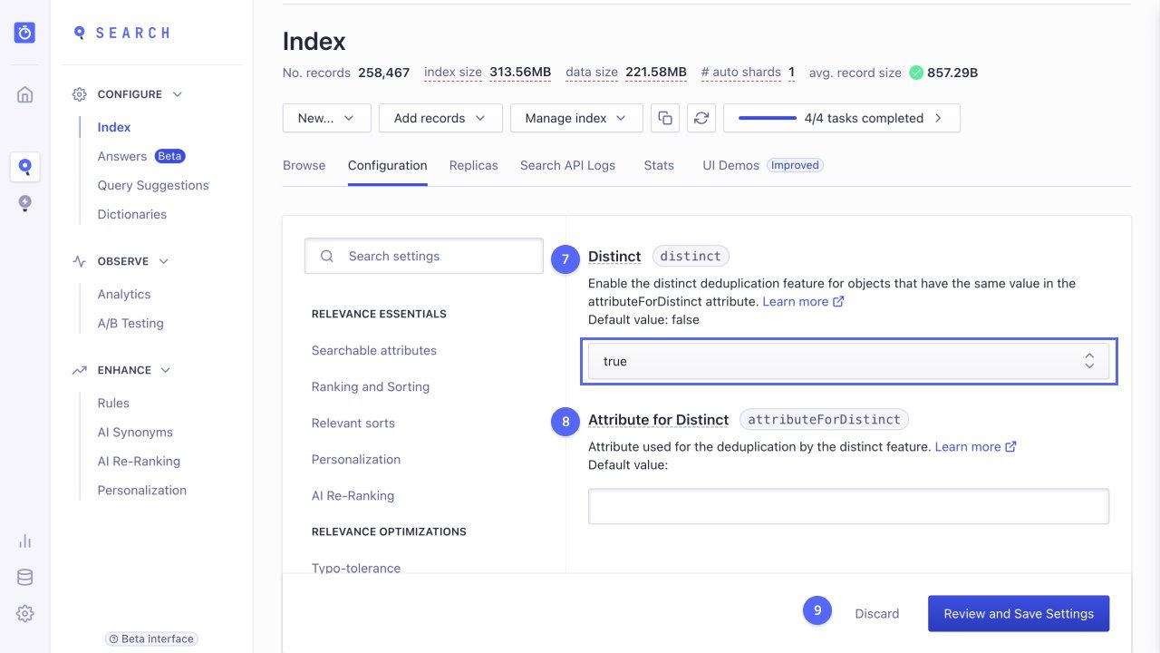 The distinct section in the Algolia dashboard