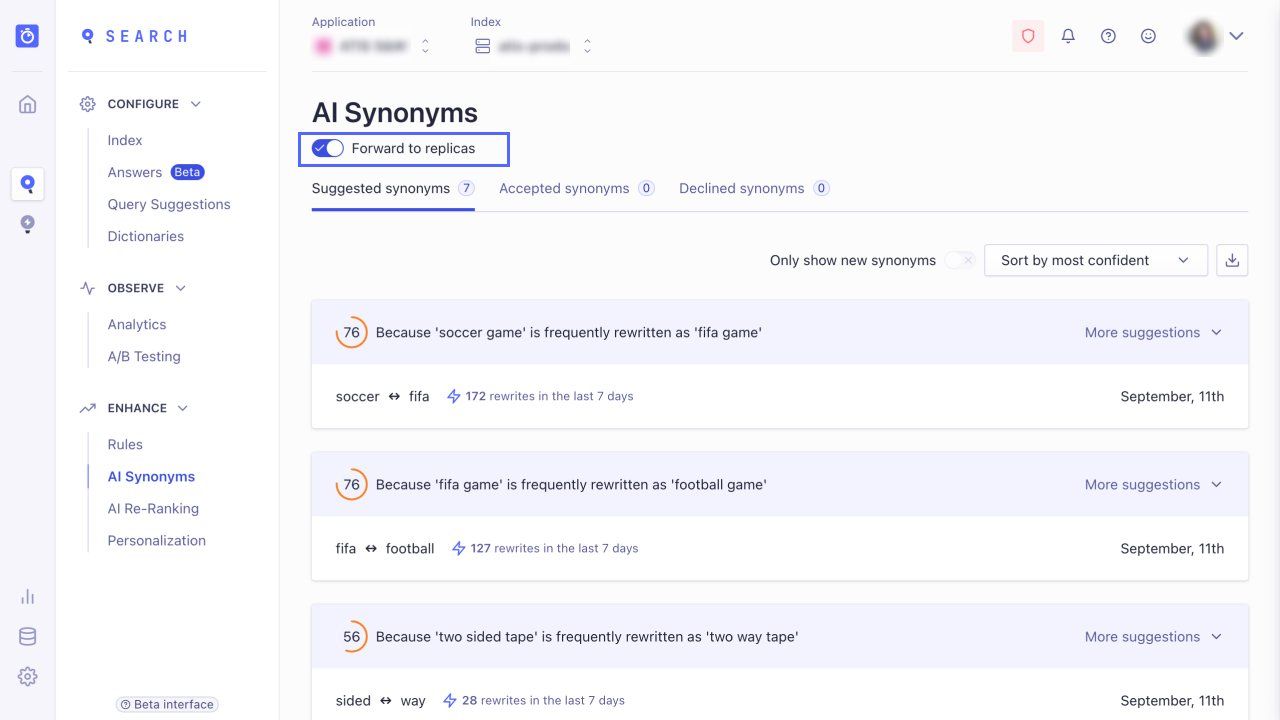 Forward AI Synonyms and Rules to replica indices automatically