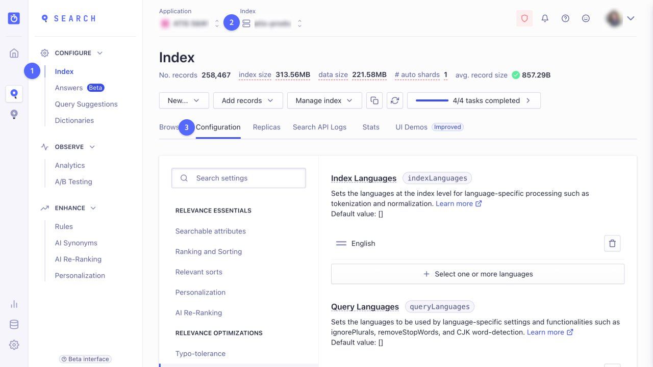 The language setting menu in the Algolia dashboard