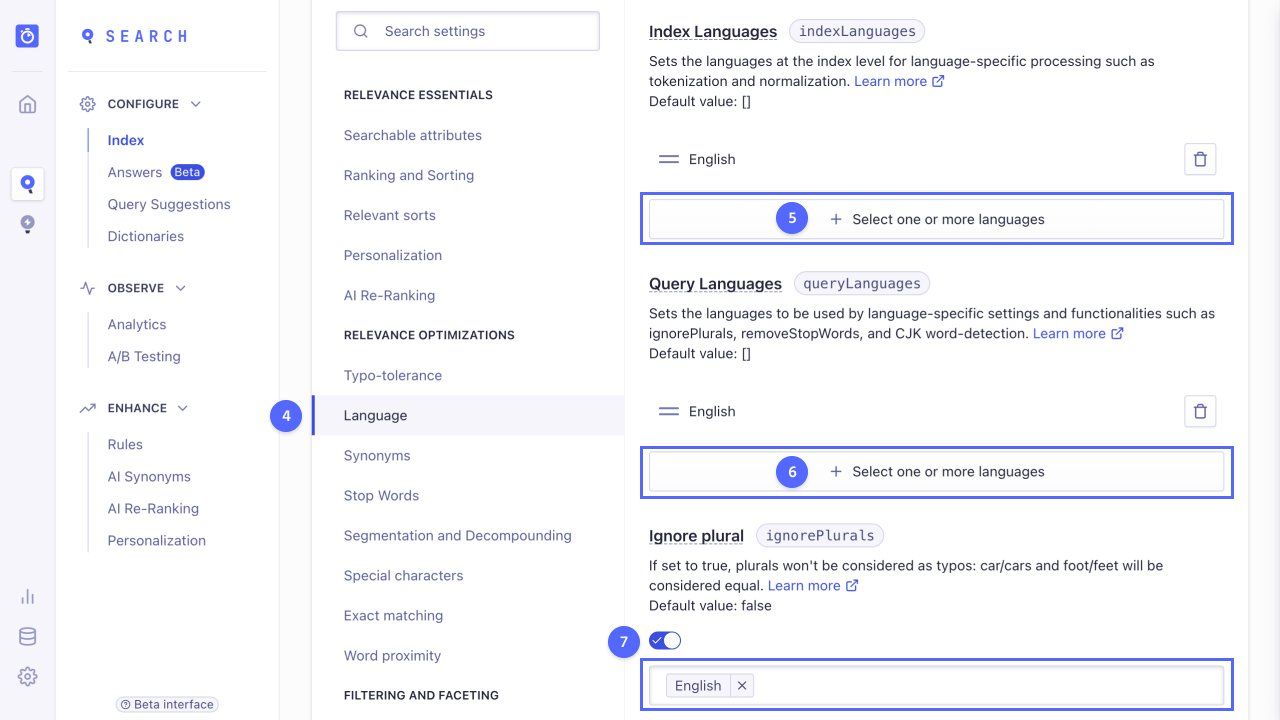 The language setting menu in the Algolia dashboard