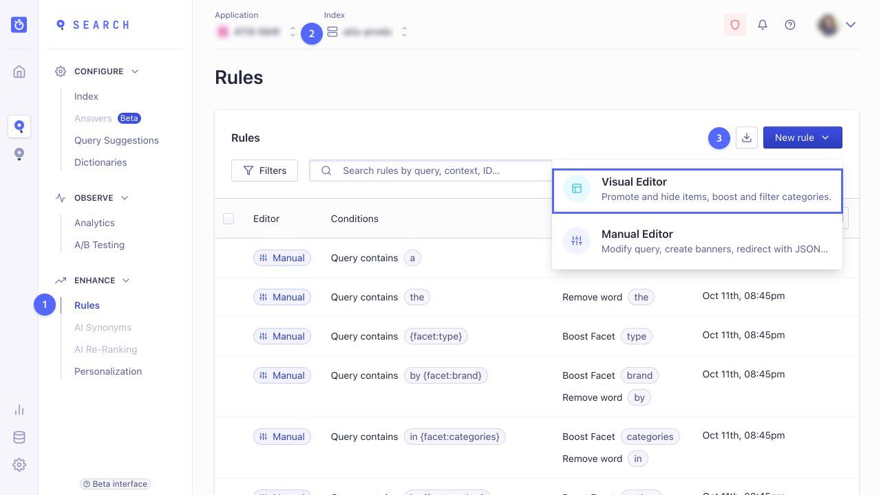Open the Visual Editor for Rules in the Algolia dashboard to specify facet ordering