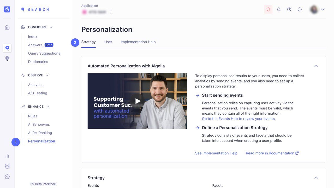 Screenshot of the recommend tab in the Algolia dashboard