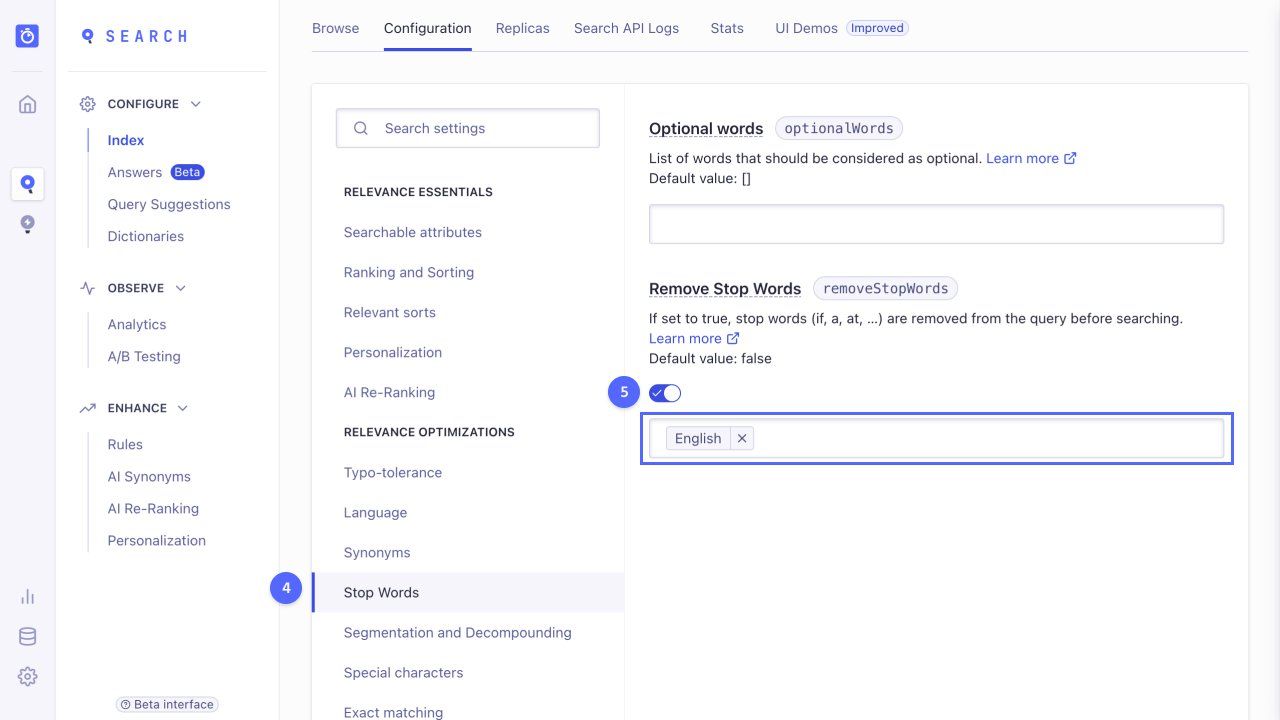 Remove stop words option in the Algolia dashboard