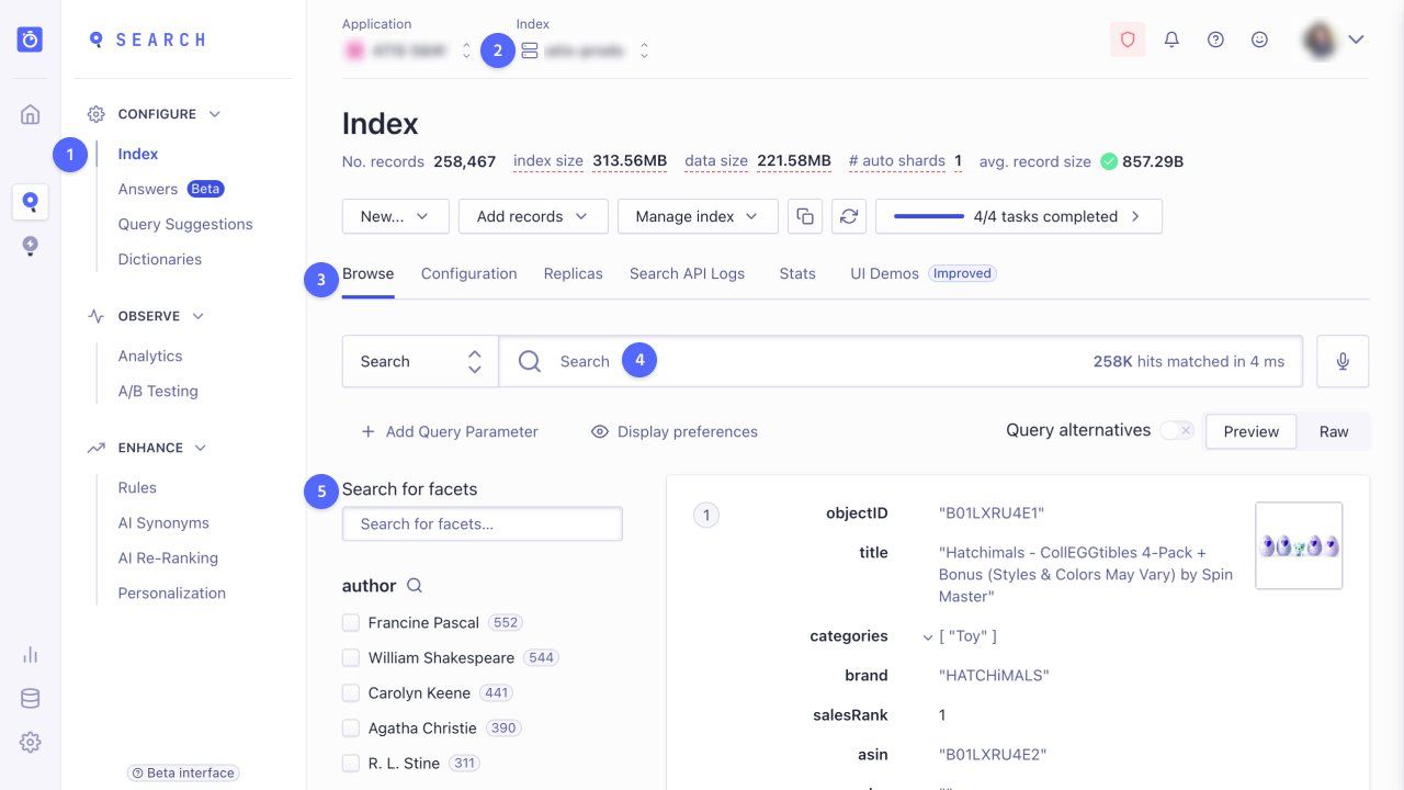 The index browser in the Algolia dashboard where you can test your relevance settings