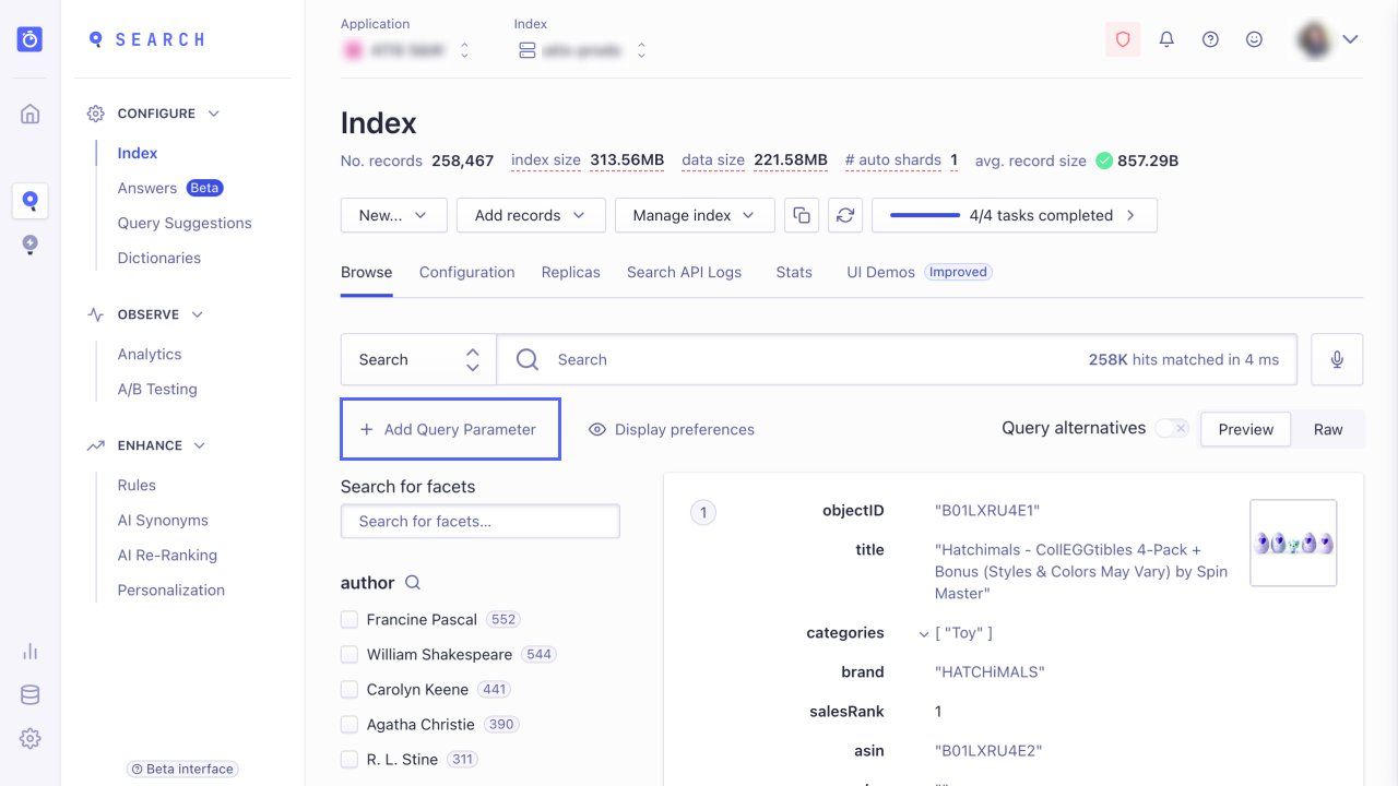 The index browser in the Algolia dashboard where you can add query parameters to your search to test relevance settings