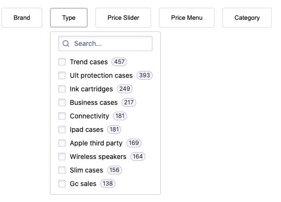 An example of a search screen with facet dropdowns