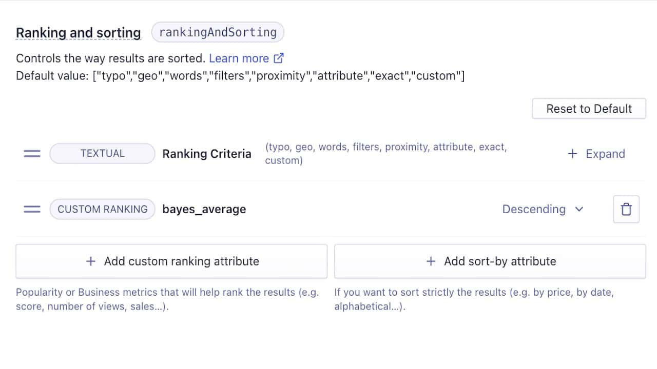 Image of one custom ranking attribute: bayes_average