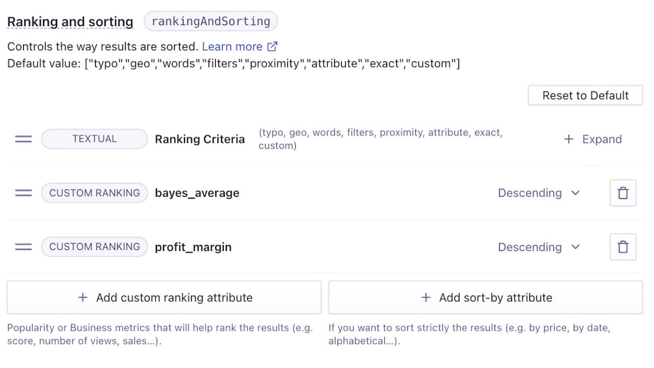 Image of two custom ranking attributes: bayes_average + profit_margin