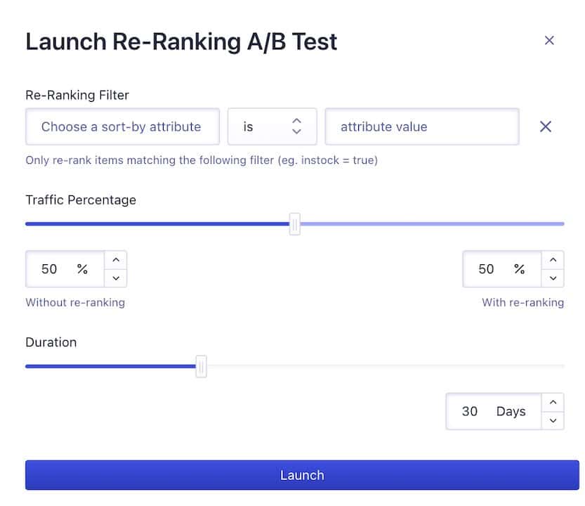 Screenshot of Dynamic Re-Ranking screen for A/B test