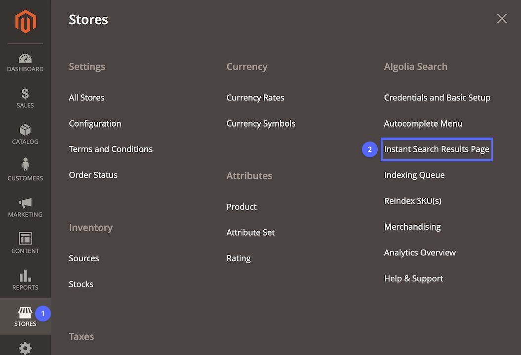 Screenshot of a Magento 2 InstantSearch settings