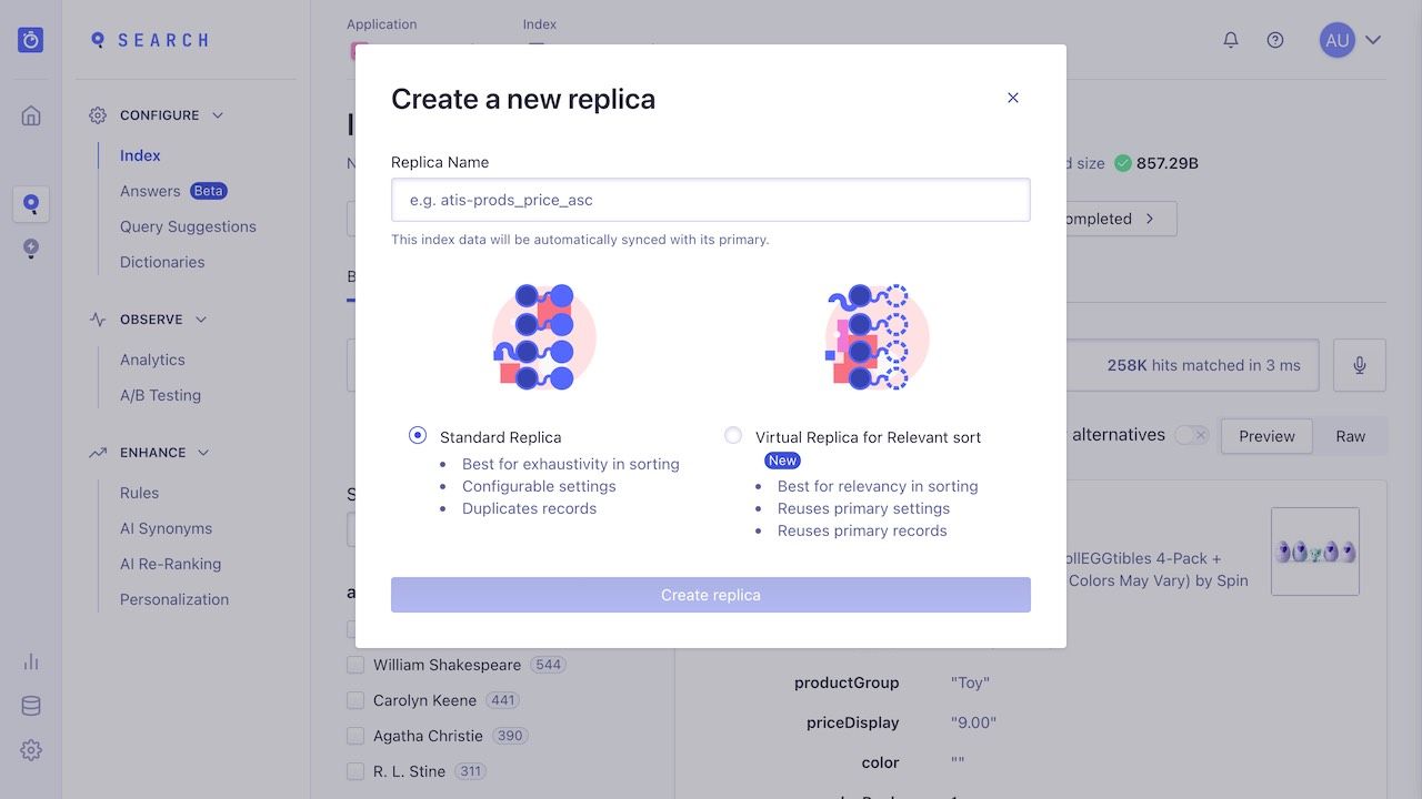 Creating a replica through the dashboard