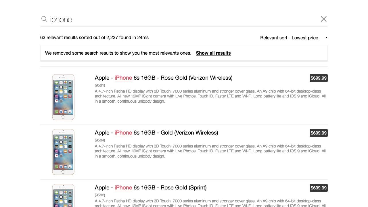 Results for an iphone search, sorted from lowest to highest price using Relevant sort