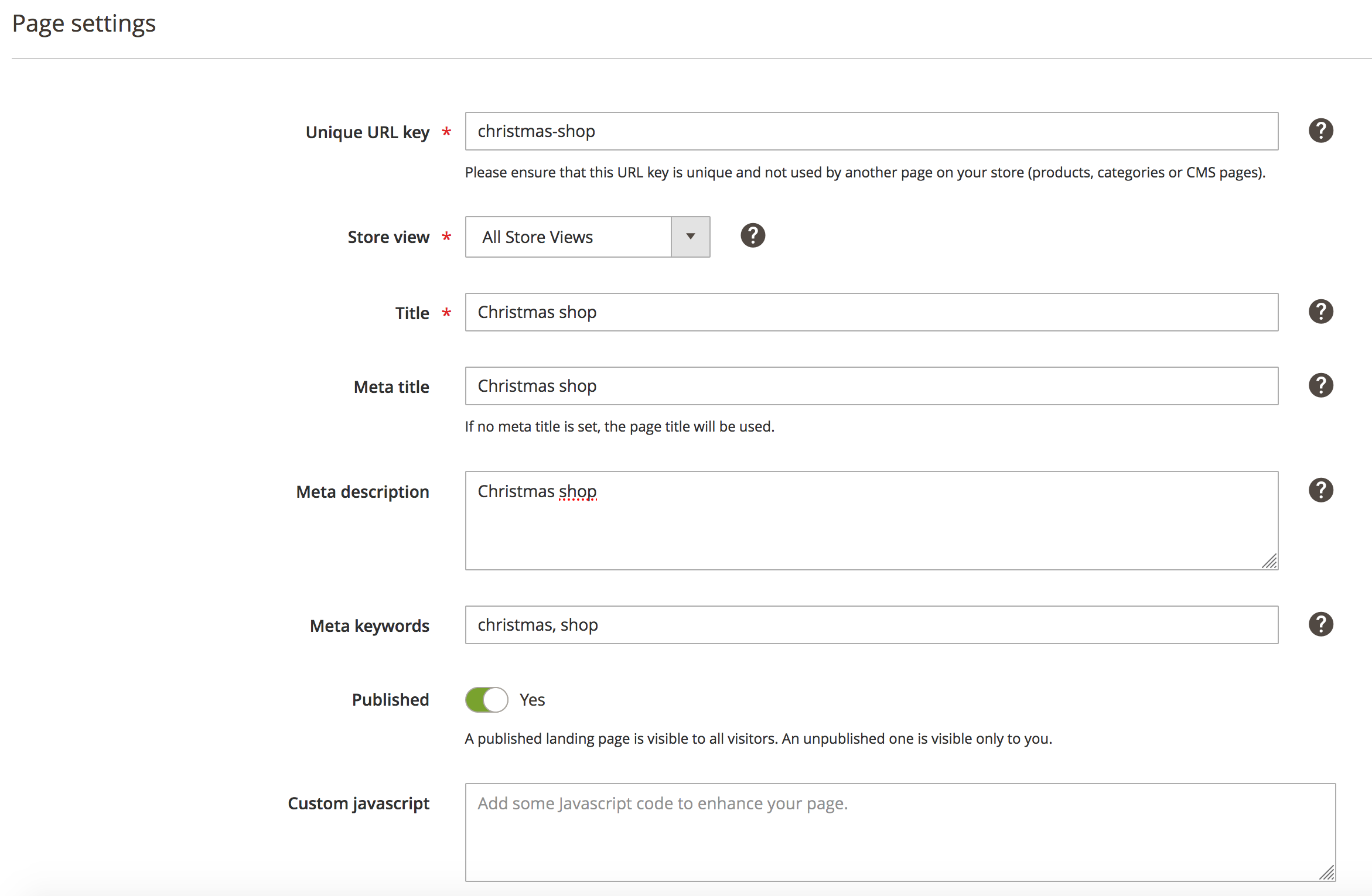 Landing Page settings