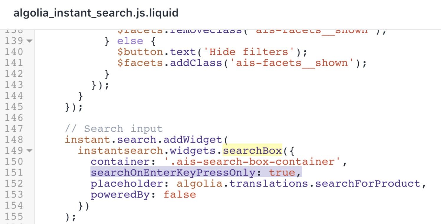 Snippet algolia InstantSearch settings