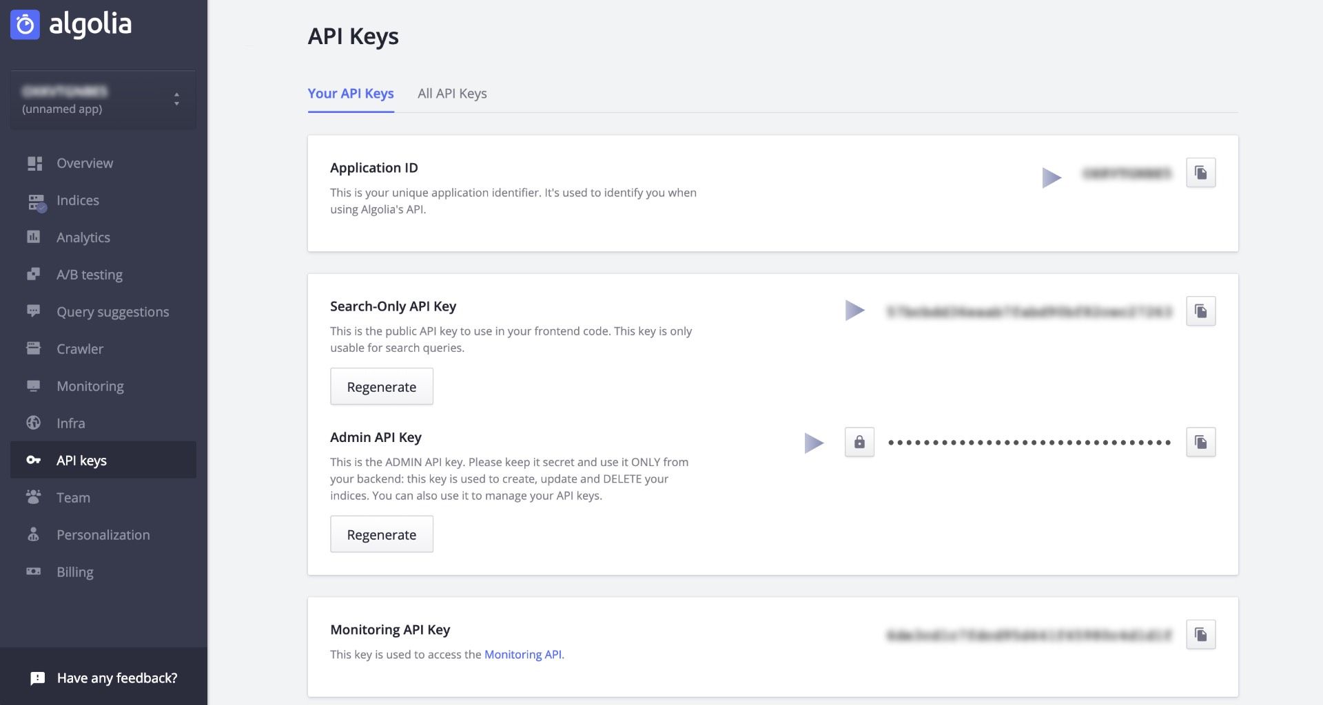 The API key section of your Algolia dashboard