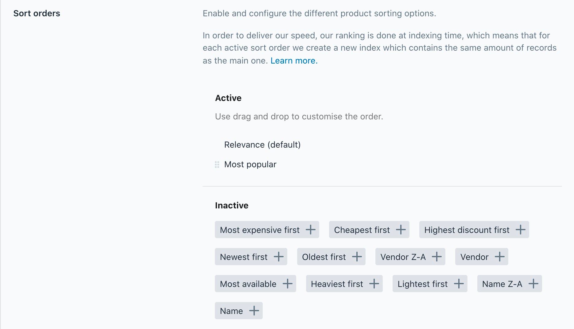 The sort order configuration screen