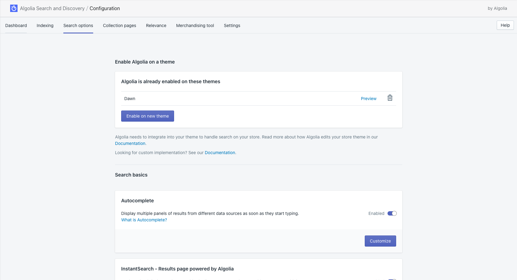 The search options tab in the Algolia for Shopify plugin
