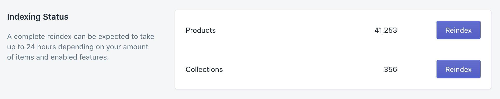 Indexing status screen in the Shopify admin