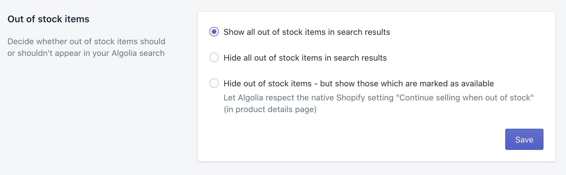 The stock policy feature in the Shopify admin