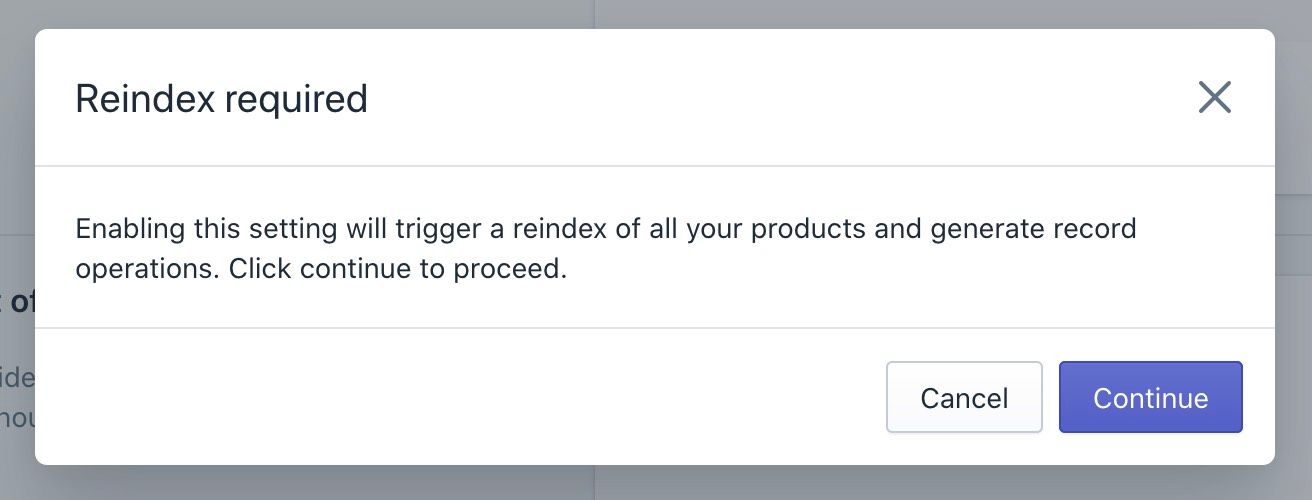 The stock policy feature reindex alert in the Shopify admin