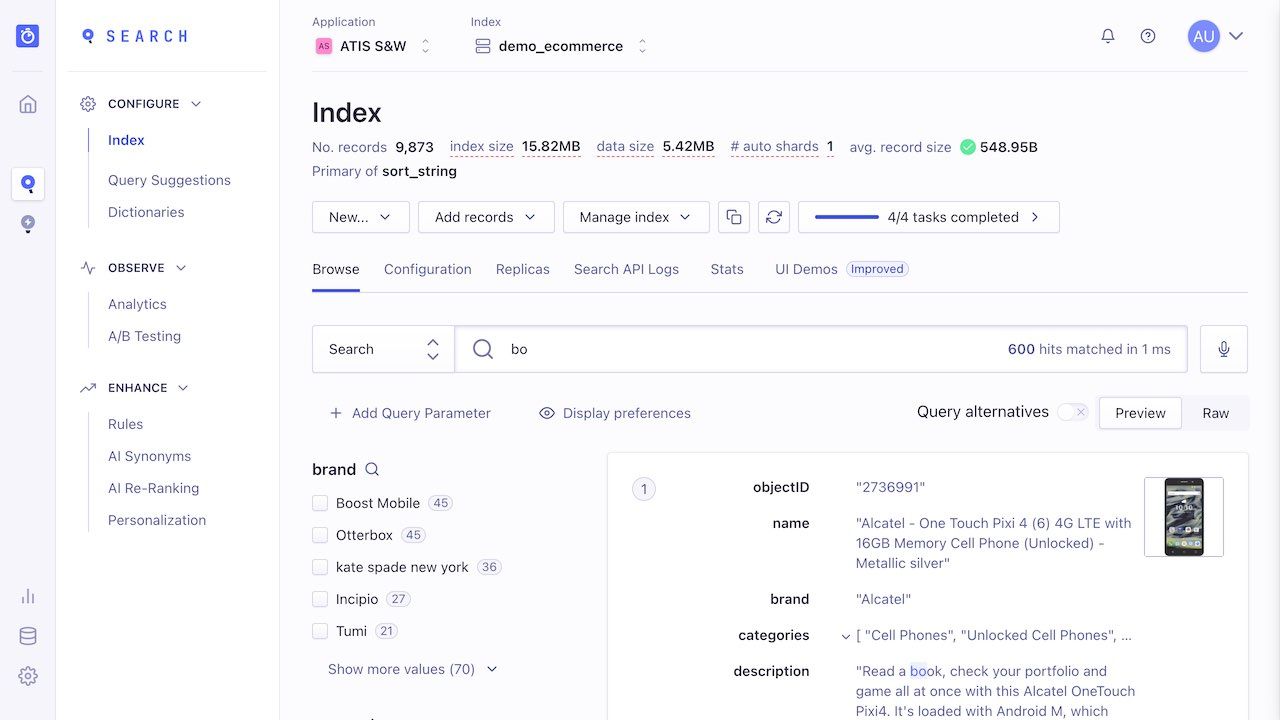 Indices page of the dashboard